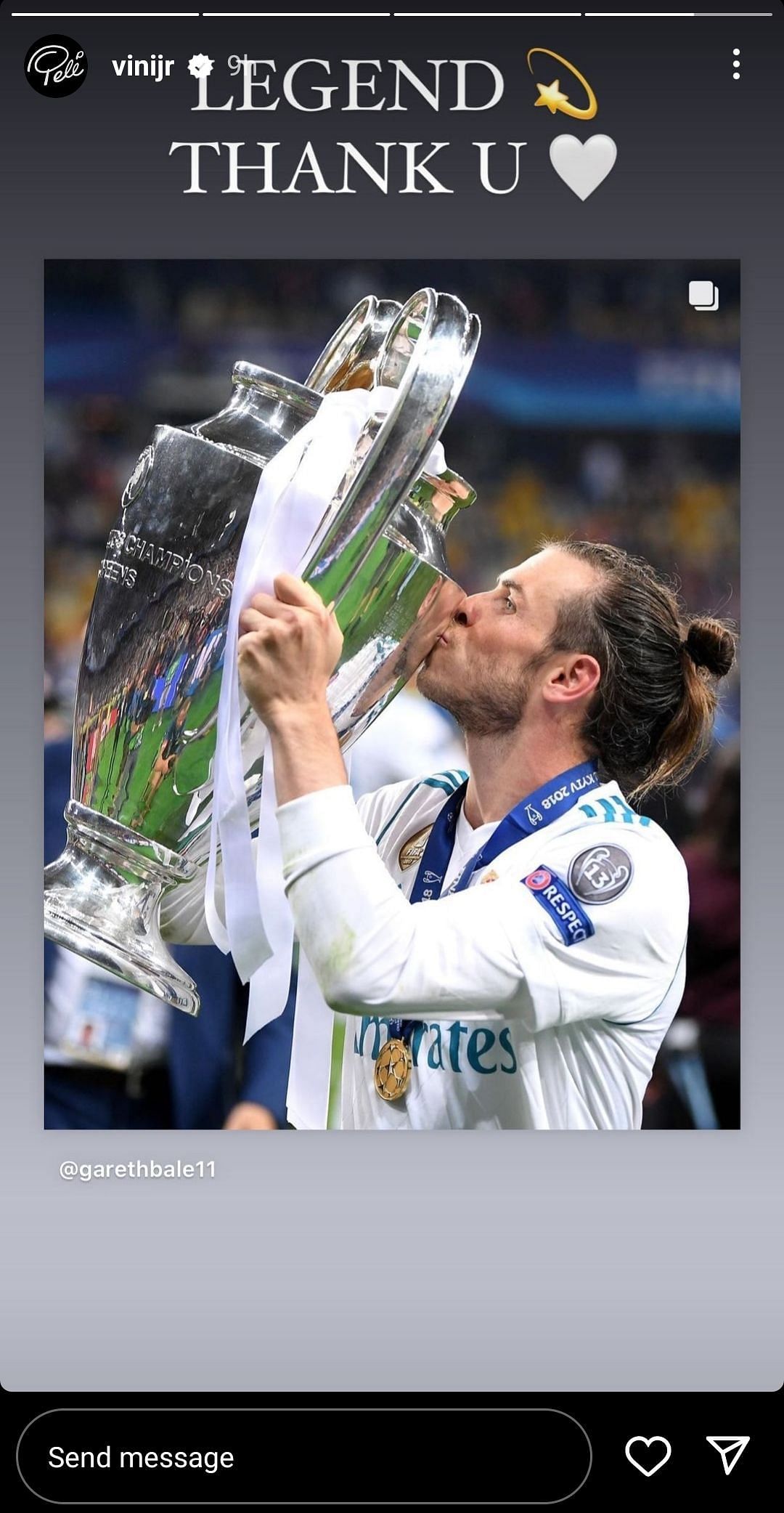 Vinicius Jr.'s Instagram story for Gareth Bale